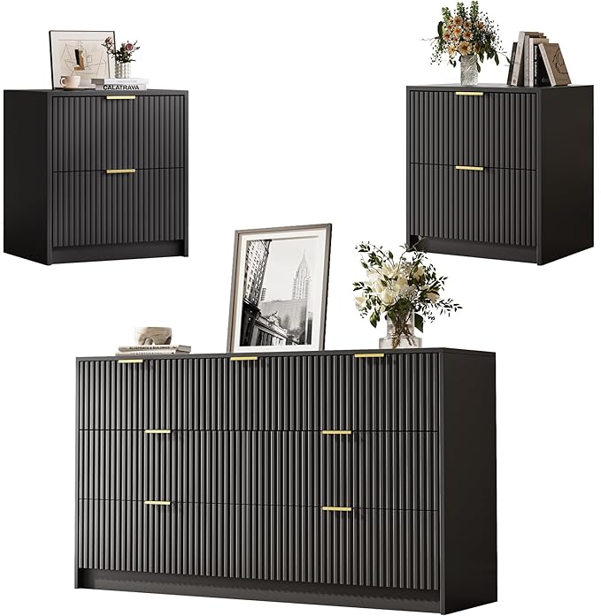 MAISONARIA 3-Piece Dresser Bedroom Set, 7 Drawer Dresser & 2 Drawer Nightstands with Gold Handles, Fluted Wood Chest of Drawers for Bedroom, Living Room, Entryway, Black