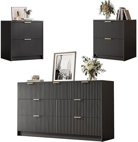 MAISONARIA 3-Piece Dresser Bedroom Set, 7 Drawer Dresser & 2 Drawer Nightstands with Gold Handles, Fluted Wood Chest of Drawers for Bedroom, Living Room, Entryway, Black