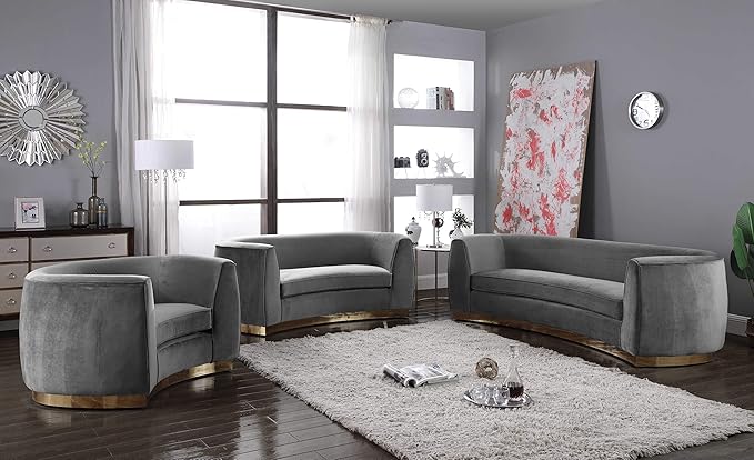 Meridian Furniture Julian Collection Modern | Contemporary Velvet Upholstered Loveseat with Stainless Steel Base in Rich Gold Finish, Grey, 70" W x 34" D x 28" H