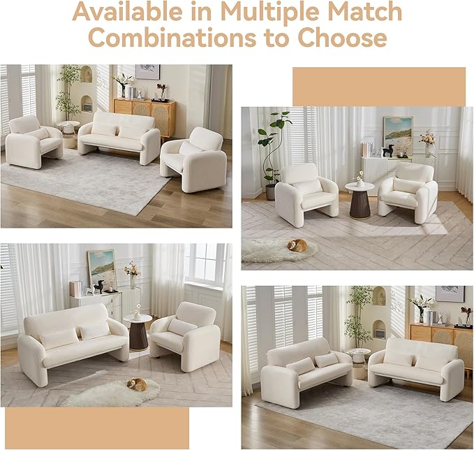 WUTUTUEE Corduroy Accent Living Room Sets, Modern Upholstered Love Seat with 2 Accent Chairs, Wide Comfy Leisure Chair Sets for Bedroom, Office, White