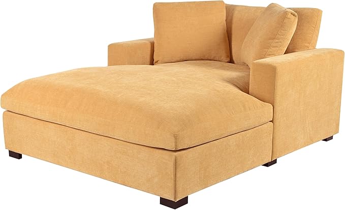 Christopher Knight Home Larrz Oversized Chaise Lounge Chair Indoor, Cozy Upholstered Sleeper Sofa Couch, Durable Wood Frame, Deep Seat Reading Chair with 2 Throw Pillows and Armrests, Yellow