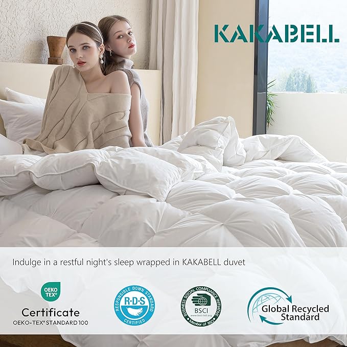 KAKABELL Pinch Pleat Goose Down Feathers Fiber Comforter Full/Queen Size All Season-Ultra Soft and Cozy Noiseless Duvet Insert with Egyptian Cotton Blend Cover,Fluffy Warm Comforter White,90"X90"