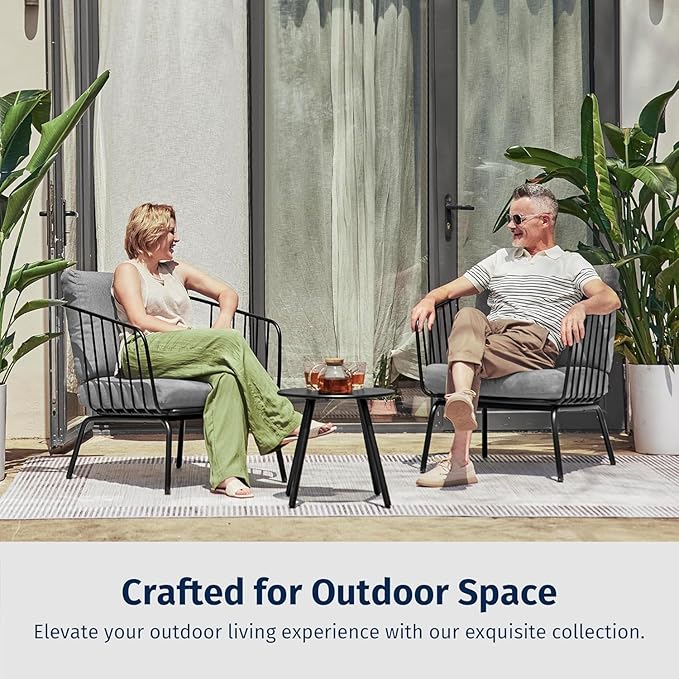 East Oak 3-Piece Plaza Patio Furniture Set, Outdoor Furniture with Thick Cushion Sofa and Coffee Table, Outdoor Bistro Set for 2, Small Space, Modern Patio Conversation Set for Balcony, Brown & Beige