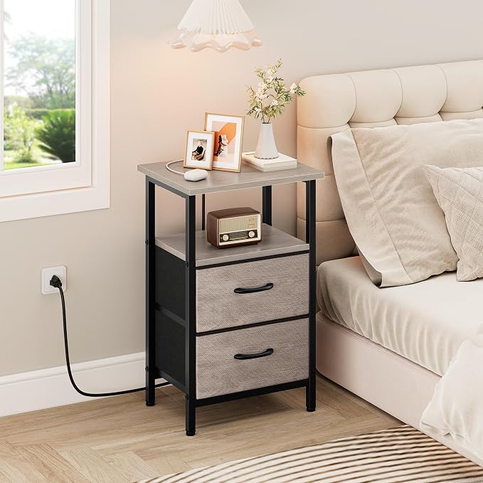 Vagusicc Night Stand Set 2, Nightstand with Charging Station, Bedside Tables with USB Ports and Outlets, 24.2" Tall End Table with Open Shelf, Bed Side Tables with 2 Fabric Drawers for Bedroom, Greige - Image 5