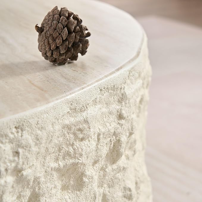 Round Coffee Table for Living Room Circle Coffee Table Modern Drum Center Table for Apartment, No Need Assembly (Fiberglass 35.43'' Cement Stone Pattern) | for Living Room, Modern, for Apartment, No Need Assembly