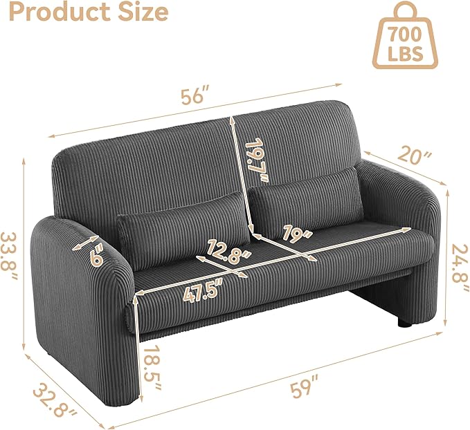 WUTUTUEE 56'' Corduroy Loveseat Sofa, 2 Seater Love Seat Couch for Small Space, Comfy Upholstered Modern Leisure Loveseat Couches with Lumbar Pillows for Bedroom, Office, Living Room, Grey