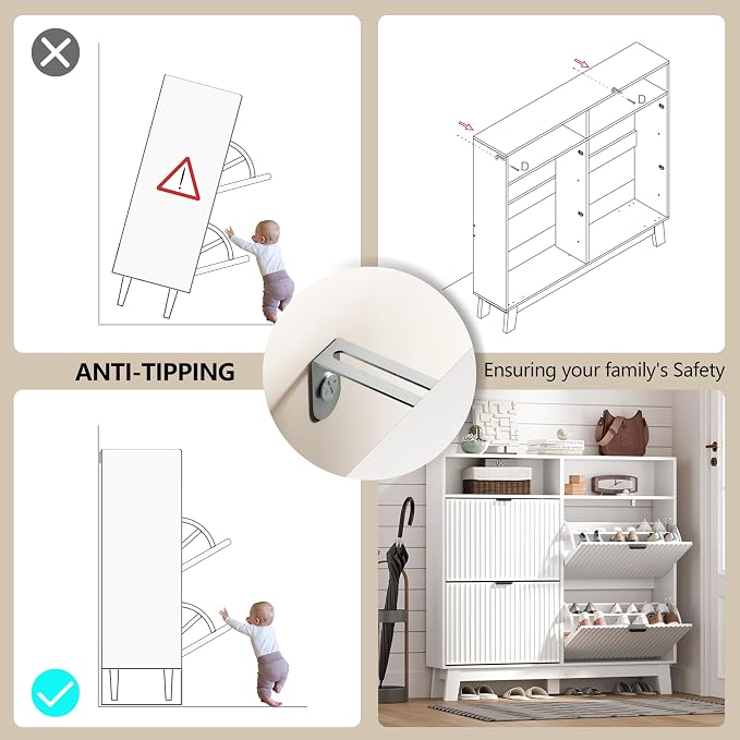 Shoe Cabinet Storage for Entryway with 4 Flip Drawers, Fluted Narrow Shoe Organizer with Wooden Legs & Top Cubby, Freestanding Slim Shoe Storage Hidden Shoe Rack for Front Door Entrance, White - Image 7