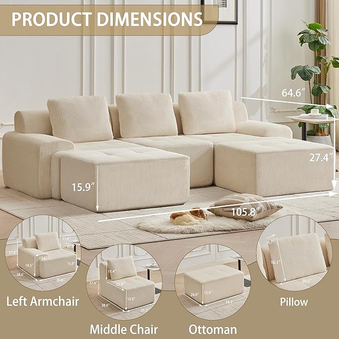 Modular Sectional Sofa with Movable Ottoman, 3 Seat Deep Seat Couch with 3 Pillows, Comfy Cloud Sectional Sofa for Living Room, Bedroom and Apartment (White, 1 Left+1 Right+1 Middle+2 Ottoman)