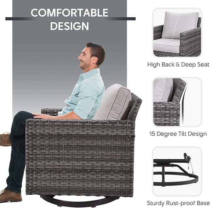 5 Piece Wicker Patio Furniture Set - Outdoor Swivel Rocker Chairs Set with 3 Seat Sofa and Ottomans, Small Patio Conversation Sets Proch Furniture for Balcony Deck - Grey/Beige