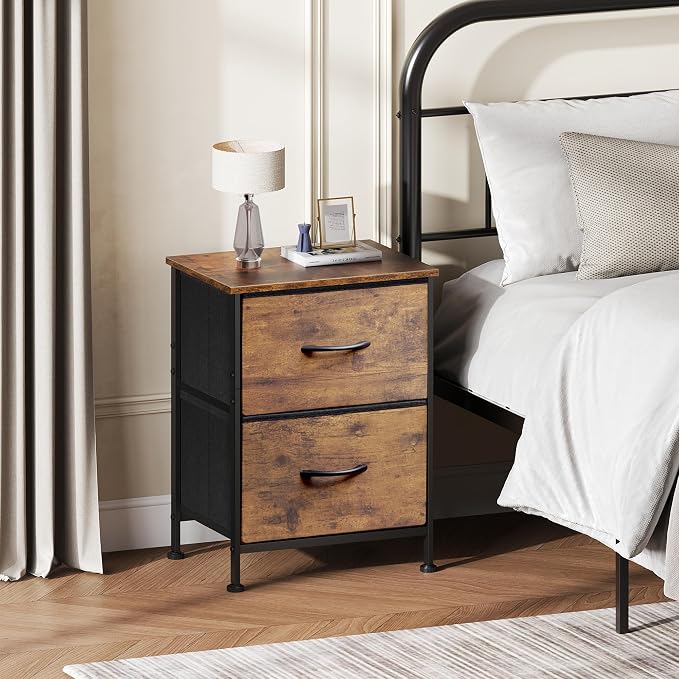 WLIVE Night Stand Set of 2, Small Dresser with 2 Drawers & Wooden Top, Nightstand with Fabric Bins, Bedside Table End Table for Bedroom, Closet, Entryway, College Dorm, Rustic Brown - Image 2