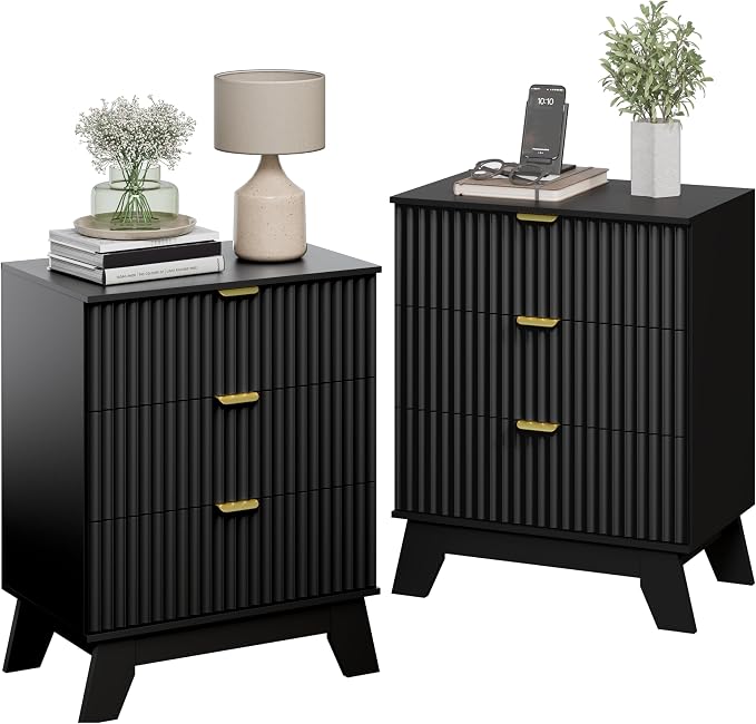 Wodeer Black Night Stand with 3 Drawers, Bedside Table & End Table, 24" Wide Mid Century Modern Fluted Wood Nightstand with Metal Handles, Farmhouse Night Stands for Bedroom - Image 7