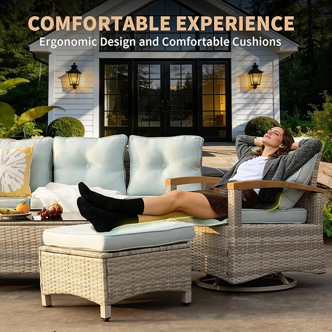 MEISSALIVVE 6 Pieces Patio Furniture Sets, Wicker Patio Conversation Sets with 4 Wood Armrests Swivel Glide Chairs，Outdoor Conversation Set for Deck Yard and Poolside (Blue)