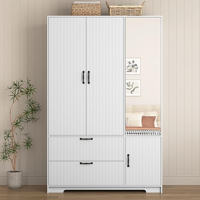Armoire Wardrobe Closet with Mirror Door, Fluted White Storage Cabinet for Hanging Clothes,Bedroom Large Capacity Freestanding Armoire with Hanging Rod,Adjustable Shelves and Hooks(White)