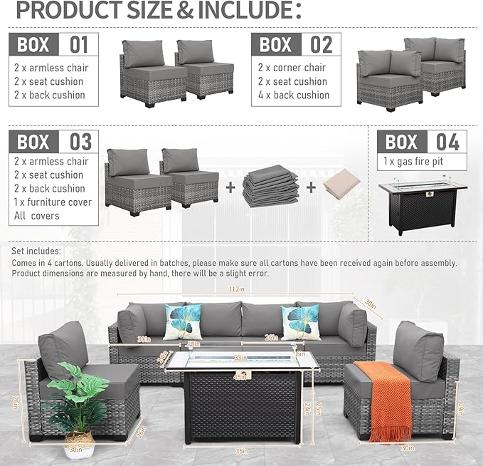 7 Pieces Wicker Patio Furniture Set Rattan Outdoor Sectional Conversation Sofa Set with Fire Pit Table Non-Slip Cushions and Furniture Cover, Light Grey