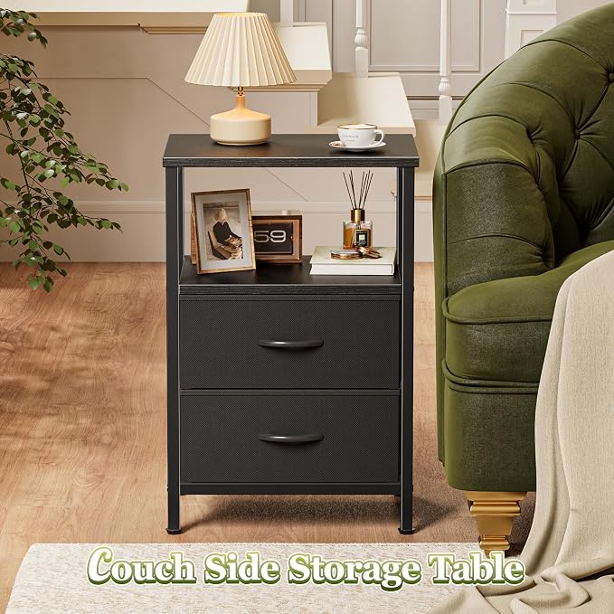 Huuger Night Stand with 2 Drawers, Bed Side Table with Open Shelf, Wooden Top, Nightstand for Bedroom, End Table for Small Space, Fabric Drawer, Black - Image 6