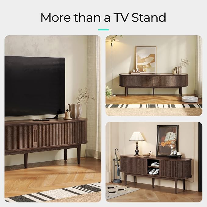 LINSY HOME Fluted TV Stand for 75" TV, Mid-Century Modern 70" Entertainment Center with Sliding Tambour Door and Storage Cabinet, Cruved TV Media Console Table for Living Room, Bedroom, Walnut - Image 8