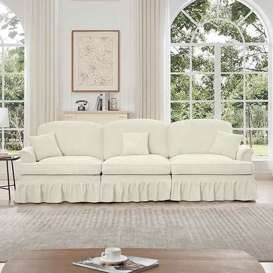 KEIKI Mid Century Modular Sofa with Flared Arms and Skirted Design, 107” Oversized 3-Seater Luxury Chenille Sectional Couches for Living Room, Big Comfy Couch Bedroom Furniture, Beige White