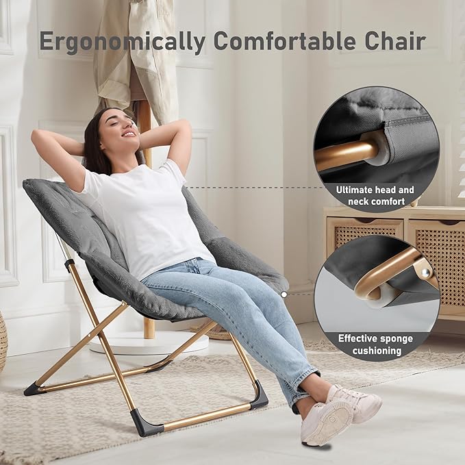 Youtanic Comfy Oversized Saucer Chair, Soft Faux Fur Reading Lounge Chair for Adults, Stable X-Large Metal Frame and Non-Slip Pad, Foldable Cozy Chairs for Bedroom, Living Room, Dorm, Dark Gray