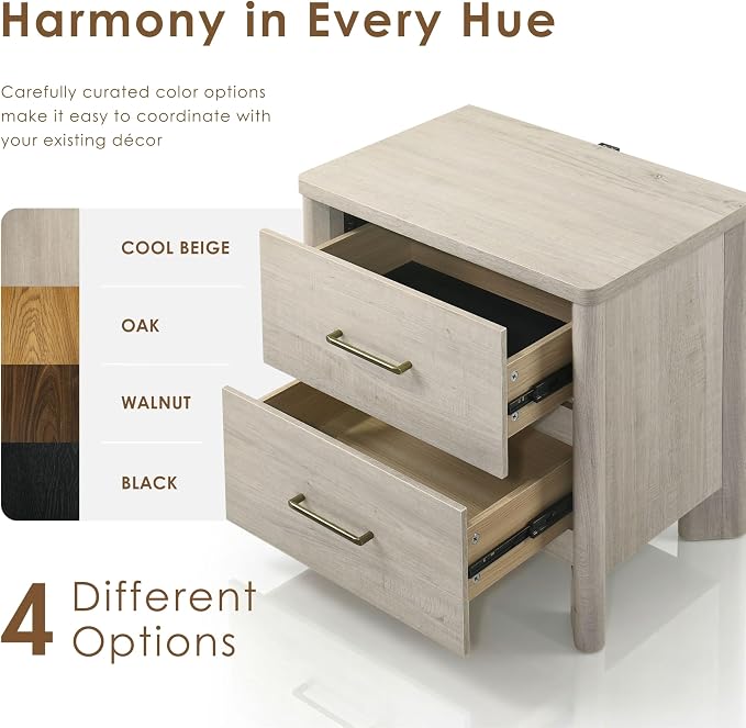 24/7 Shop at Home Sawer Modern 23-inch Wood Nightstand Set of 2 with 2 Drawers and USB Ports, Wooden Night Stand for Bedroom, Apartment, Small Bedside Table, Cool Beige - Image 6