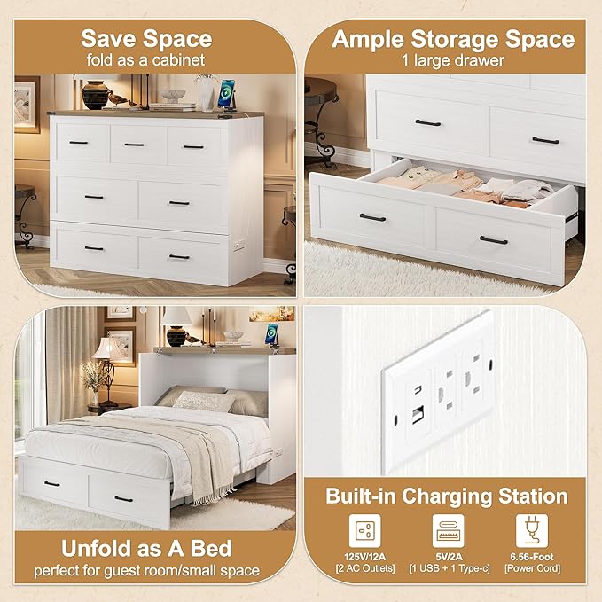 Bellemave Full Size Murphy Bed, Cabinet Bed with Charging Station and 1 Large Storage Drawer, Farmhouse Murphy Cabinet with Foldable Panel, Noisy Free, for Guest Bedroom, Living Room, White