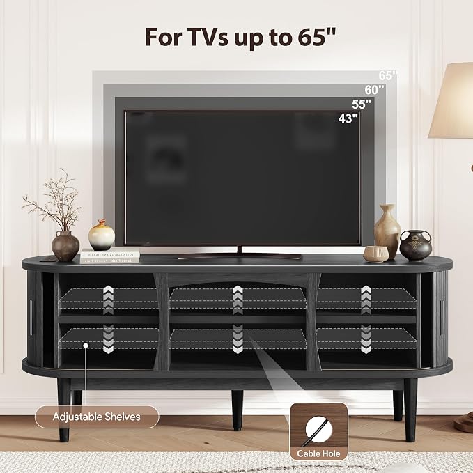 Decofy Mid Century TV Stand for TVs up to 65 Inches, Entertainment Center with Storage, Power Outlet, Fluted Sliding Doors & Adjustable Shelves, Modern Media TV Console Table for Living Room (Black) - Image 3