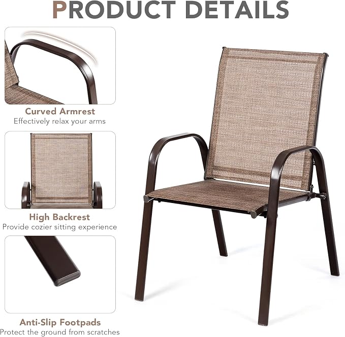 Tangkula 2 Piece Patio Dining Chairs, Outdoor Bistro Chairs W/Curved Armrests, Easy-to-Dry Fabric, Reinforced Steel Frame, Wide & Comfortable Camping Chairs for Garden, Poolside, Backyard (1, Brown) - Image 6