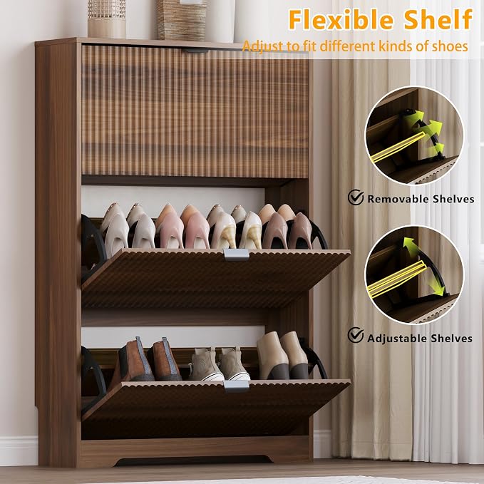 BORNOON Entryway Shoe Cabinet with 3 Flip Drawers, Narrow Shoe Organizer Cabinet with Fluted Panel and Adjustable Shelves for Foyer, Hallway - Image 3