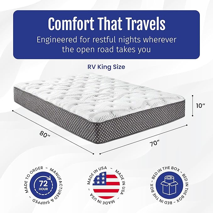 WanderRest Cool Hybrid 10” RV Mattress, RV King 70x80, Medium, Cooling Gel Memory Foam & Pocketed Coil Mattress for RV, Camper, or Travel Trailer, Made in USA