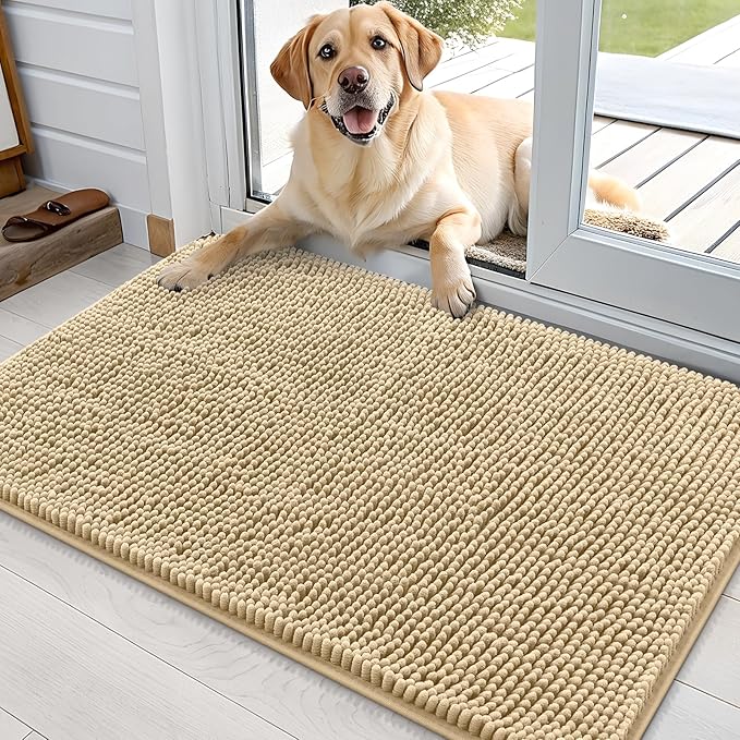 OLANLY Dog Door Mat for Muddy Paws 36x24, Absorbs Moisture and Dirt, Absorbent Non-Slip Washable Doormat, Quick Dry Chenille Mud Mat for Dogs, Entry Indoor Entryway Carpet for Inside Floor, Beige by OLANLY