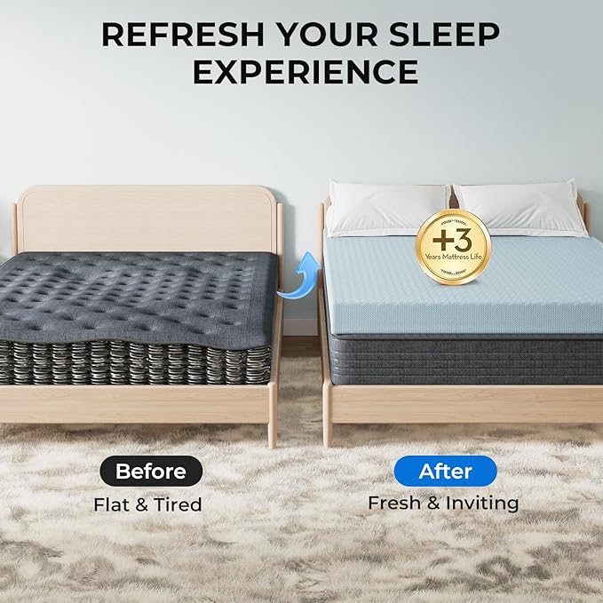 OhGeni Memory Foam Mattress Topper Pad, Soft Bed Cover with Anti-Slip Base, Size Queen, Style 3 Inch with Cover
