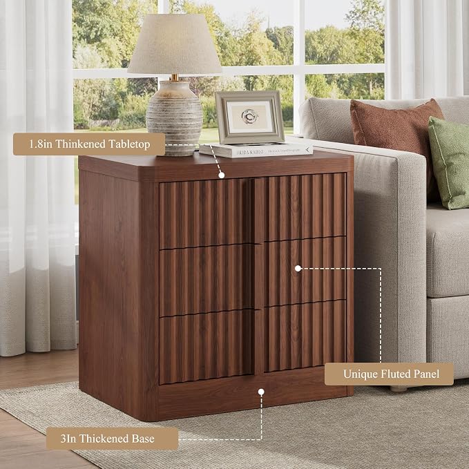 Fluted Night Stand with Charging Station, 23.6" Nightstand with Solid Wood Handle, 3 Drawer Dresser for Bedroom, Mid Century Modern Bedside Table End Table for Bedroom, Living Room, Walnut - Image 3