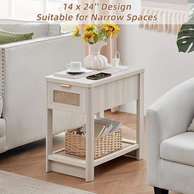 Lerliuo Narrow Night Stand with Charging Station, Boho Nightstand with Drawer, Bed Side End Table with Rattan Shelf for Small Spaces, Wood Nightstands Bedside Tables for Living Room Bedroom - Image 5