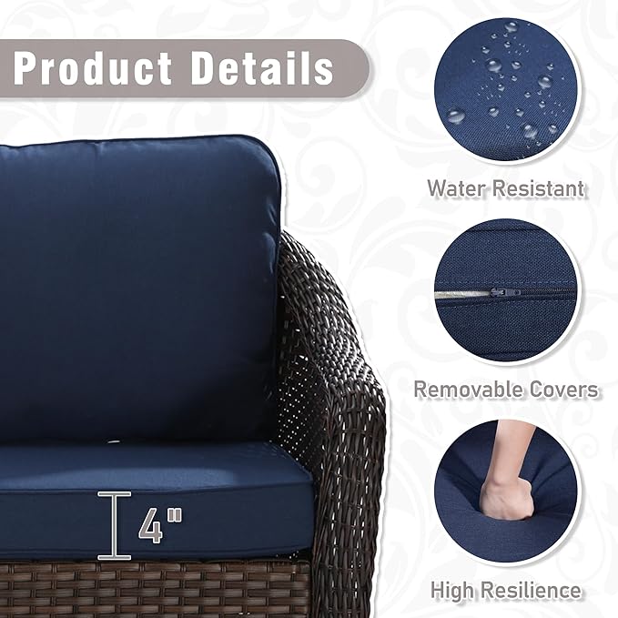 Outdoor Wicker Chair Set of 2, All-Weather Use Patio Rattan Chair with Seat and Back Cushion, Ideal for Porch, Backyard, Balcony, Poolside, Blue