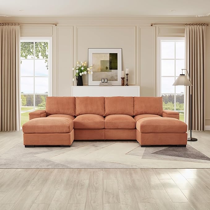 122" Oversized Modular Sectional Sofa Cloud Couch with 2 Ottomans, Comfy Corduroy Upholstered Deep Seat Large U Shaped Lounge Sofa&Couches with Hidden Arm Storage Box
