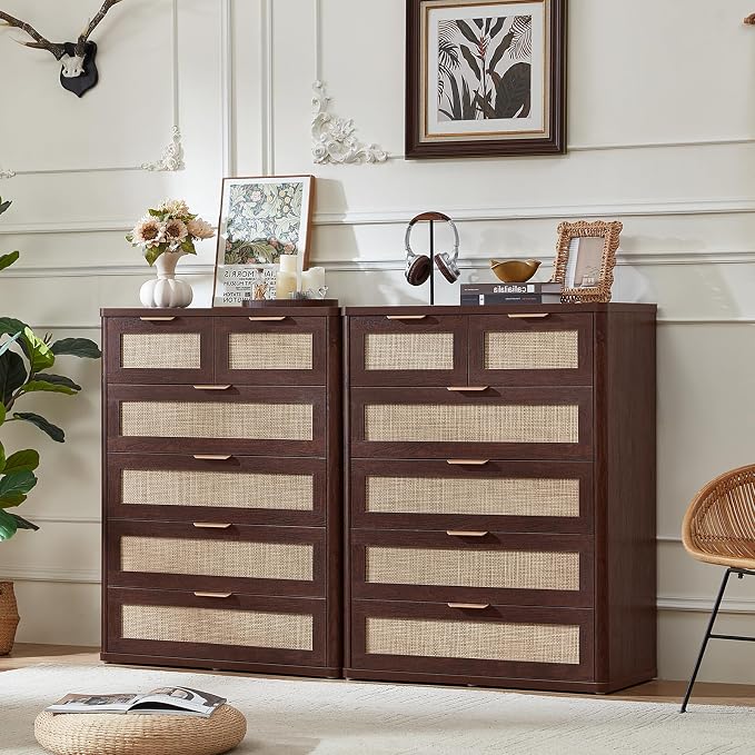LEYAOYAO Rattan Dresser for Bedroom Set of 2, 41" Tall Chest of Drawers, Modern 6 Drawers Boho Dressers with Storage, Vintage Brown Dresser Wooden Closet Organizer for Living Room, Hallway by LEYAOYAO-Findtheshiningpointofyourideallife%EF%BC%81