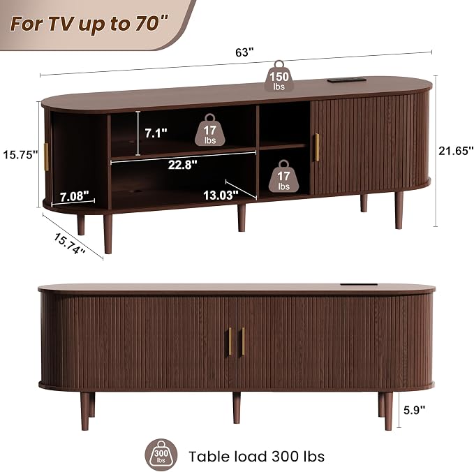 DHH 63 Inch Mid Century Modern TV Stand with Power Outlet for TVs up to 70 Inch, Entertainment Center with Storage and Adjustable Shelves, Media Console with Sliding Doors for Living Room(Walnut) - Image 2