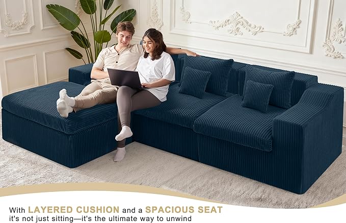 101" Modular Couch Sectionals with Ottoman, Big Comfy Cloud Couches, L Shaped 4 Seat Modular Sectional Sofa, Sectional Double Cushion Couches with Deep Seat for Living Room,No Assembly Required(Blue)