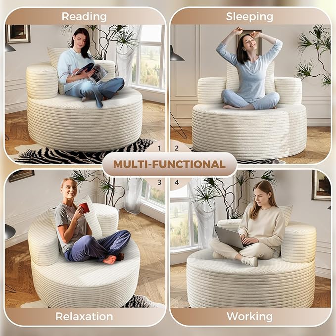 37.4" Boneless Round Chair, Oversized Chaise Lounge Cloud Chair Indoor, Upholstered Corduroy Deep Seat Sofa Accent Chair, No Assembly Required, for Living Room Bedroom Apartment