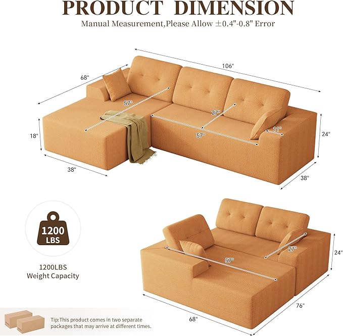 Ball & Cast 106" Cloud Sectional Couch, Compressed L-Shaped Sofa with Deep Seat Chaise, Boneless No Assembly Modular Couch, Foam & Spring Support, 2 Boxes (Left Facing, Chenille Orange)
