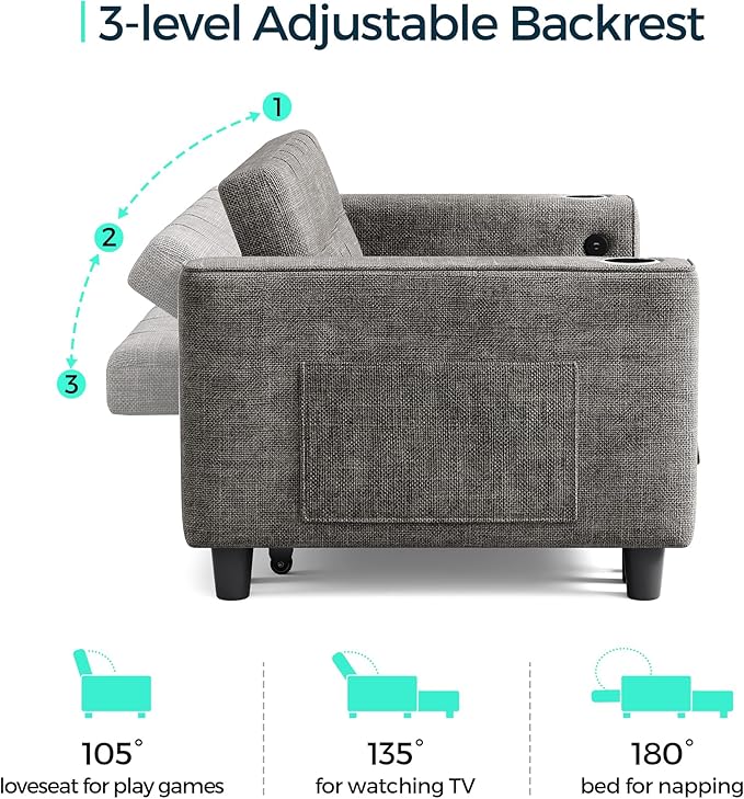 LINSY 54" Pull Out Couch with Charging Station, Small Sleeper Sofa Bed with Cup Holder, 3 in 1 Convertible Loveseat Sleeper Couch for Apartment, Dorm Room, Bedroom and Small Space, Gray