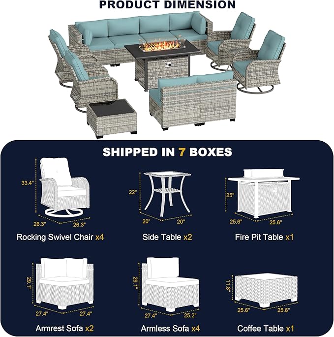 14-Piece Outdoor Patio Furniture Set with Rocking Swivel Chair, Wicker Rattan Sectional Sofa Conversation Set with 55,000 BTU Fire Pit Table, Backyard Furniture, Light Blue
