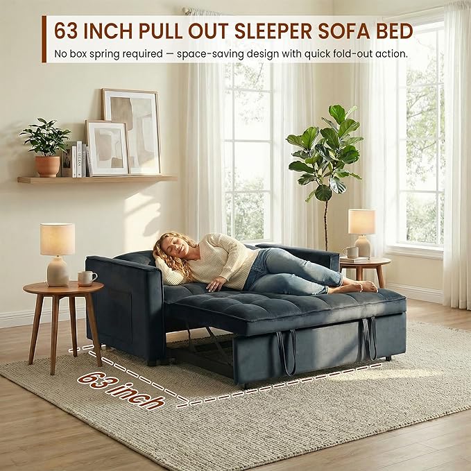 63" Sleeper Sofa with Pull-Out Bed, 3-in-1Folding Convertible Loveseat Sofa Bed with Side Pockets, Adjustable Backrest, Premium Velvet Fabric Futon Couches for Living Room
