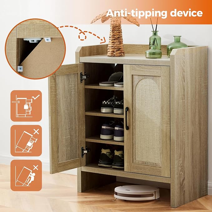 Mericonia Shoe Cabinet Storage for Entryway, Natural Rattan Shoe Storage Cabinet, Wooden Shoe Rack Cabinet, Farmhouse Boho Wood Shoe Organizer Cabinet for Hallway - Image 5