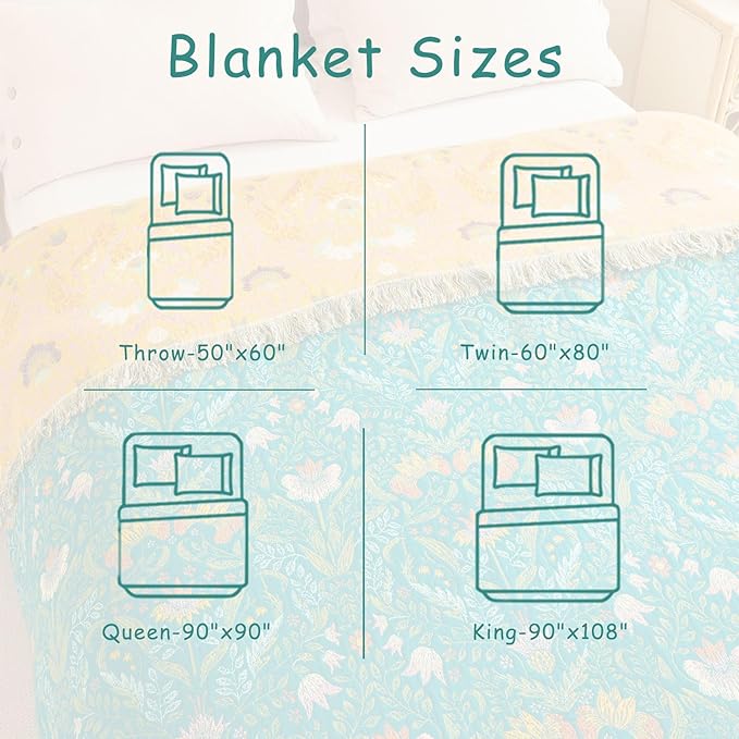 Boho Throw Blanket - 50"x60" 100% Cotton Soft Breathable Lightweight Bed Blanket, Reversible Muslin Spring Blankets Green Floral Farmhouse Decor Rustic Quilt for Bed Couch