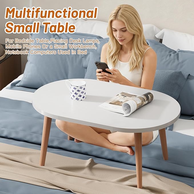 Coffee Table Low Table with Solid Wood Legs, Small Oval Coffee Table Side Table, Floor Table Desk for Sitting on The Floor, Storage and Living Room Furniture for Office Apartment Home, White