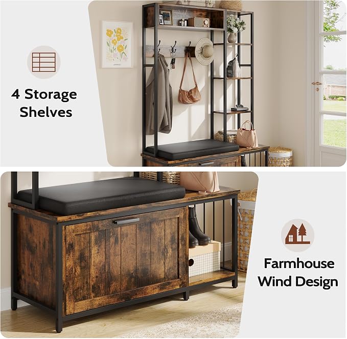 Hall Tree Coat Rack, Hall Tree With Bench and Shoe Storage Shoe With, Mud Room Storage Furniture，39.37 X 15.74 X 69.69 Inches, Brown - Image 5