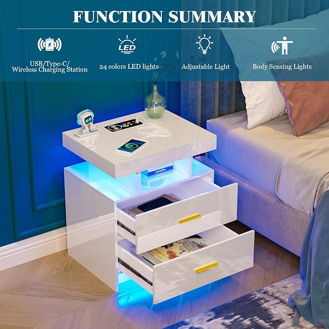 WOOVIVS Night Stand with Light, High Gloss Nightstand with USB/Wireless Charging Station, LED White Nightstands with Storage Drawers, RGB Side End Table for Bedroom Furniture（White - Image 7
