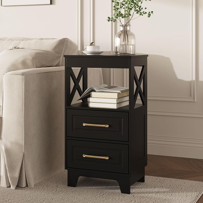 Tall Nightstand Set of 2 Side Table with 2 Drawers Modern Night Stand Wooden End Table Bedside Table with Upper Open Shelf Solid Feet for Bedroom Black - Image 6
