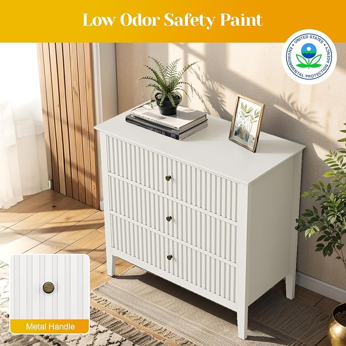 May in Color Large White Fluted 3 Drawer Dresser Set of 2, Chest of Drawers with Ball Bearing Slide Modern 30 inch Tall Wood Nightstand with Spacious Storage for Bedroom Hallway Living Room Entryway - Image 6
