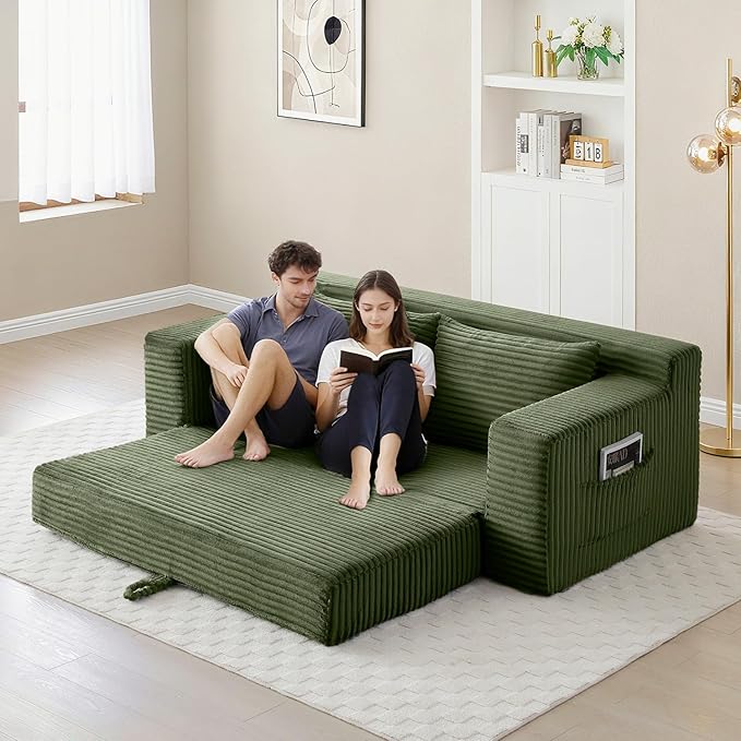 Convertible Sofa Bed, 2 in 1 Memory Foam Futon Couch, No Assembly Corduroy Foldable Sofa Bed, Comfy Floor Couch with 2 Pillows for Bedroom, Living Room, Apartment, Green